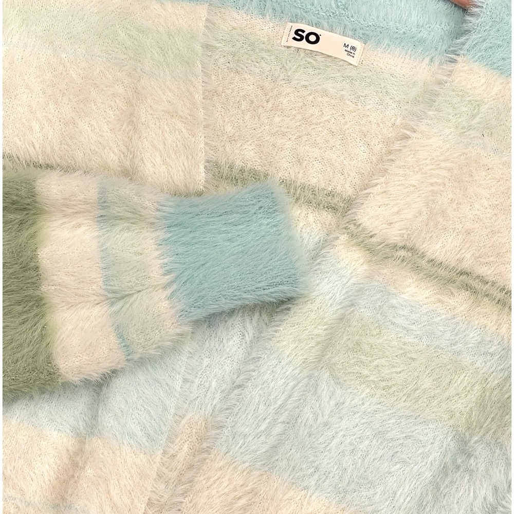 NWT SO Fuzzy‎ Open Front Sz Jr M/8 Cardigan Sweater Stripe Sparkle Thick Comfy
